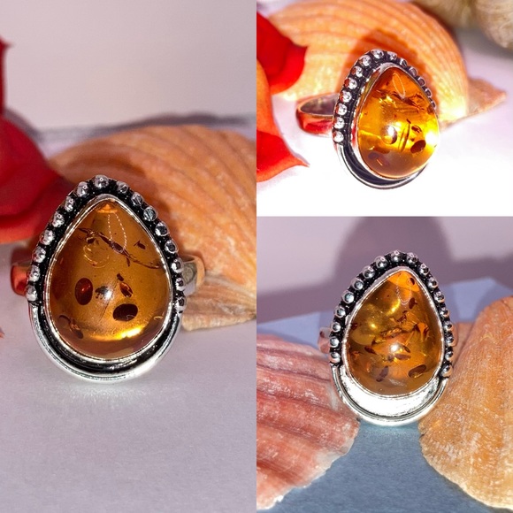 Dainty Amber Gemstone Handmade Halo Boho Ring - Picture 2 of 4